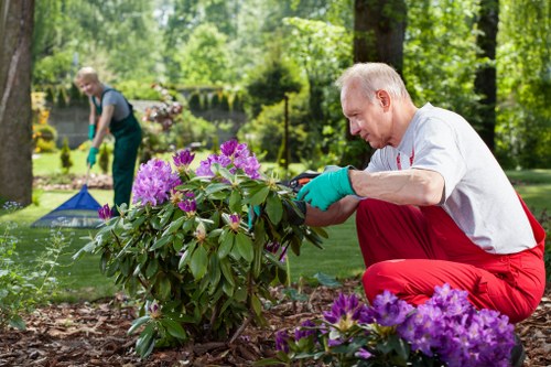 Professional gardener wearing protective gear while using garden tools